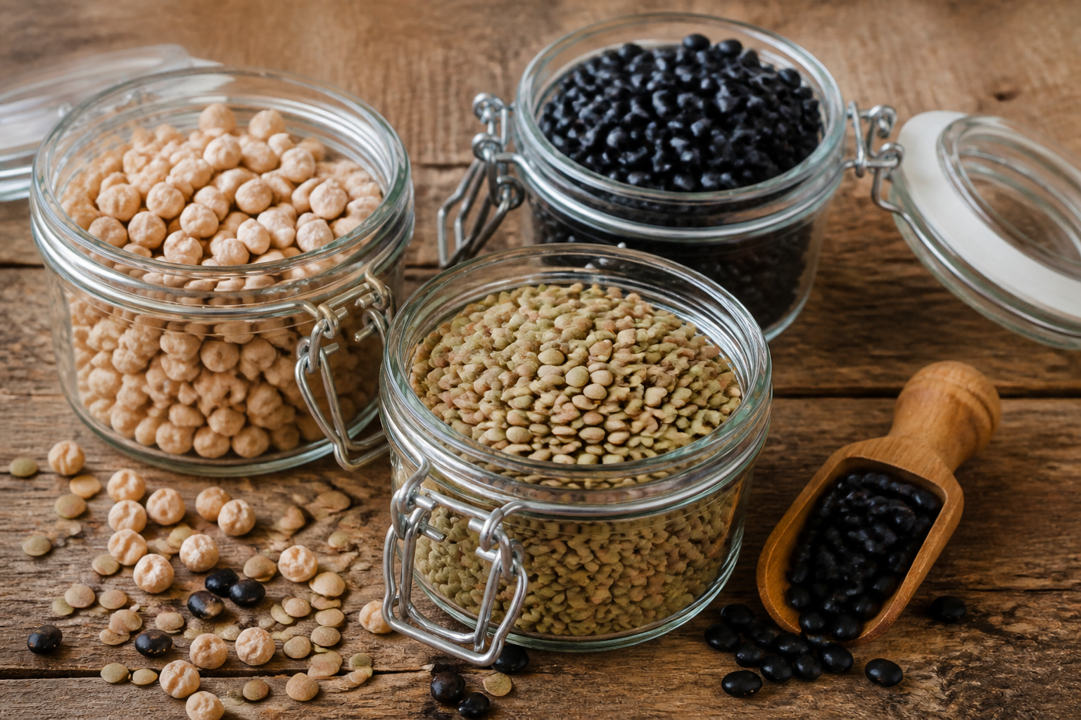A colorful assortment of dried lentils, chickpeas, and black beans in glass jars on a rustic wooden table, bright overhead lighting.