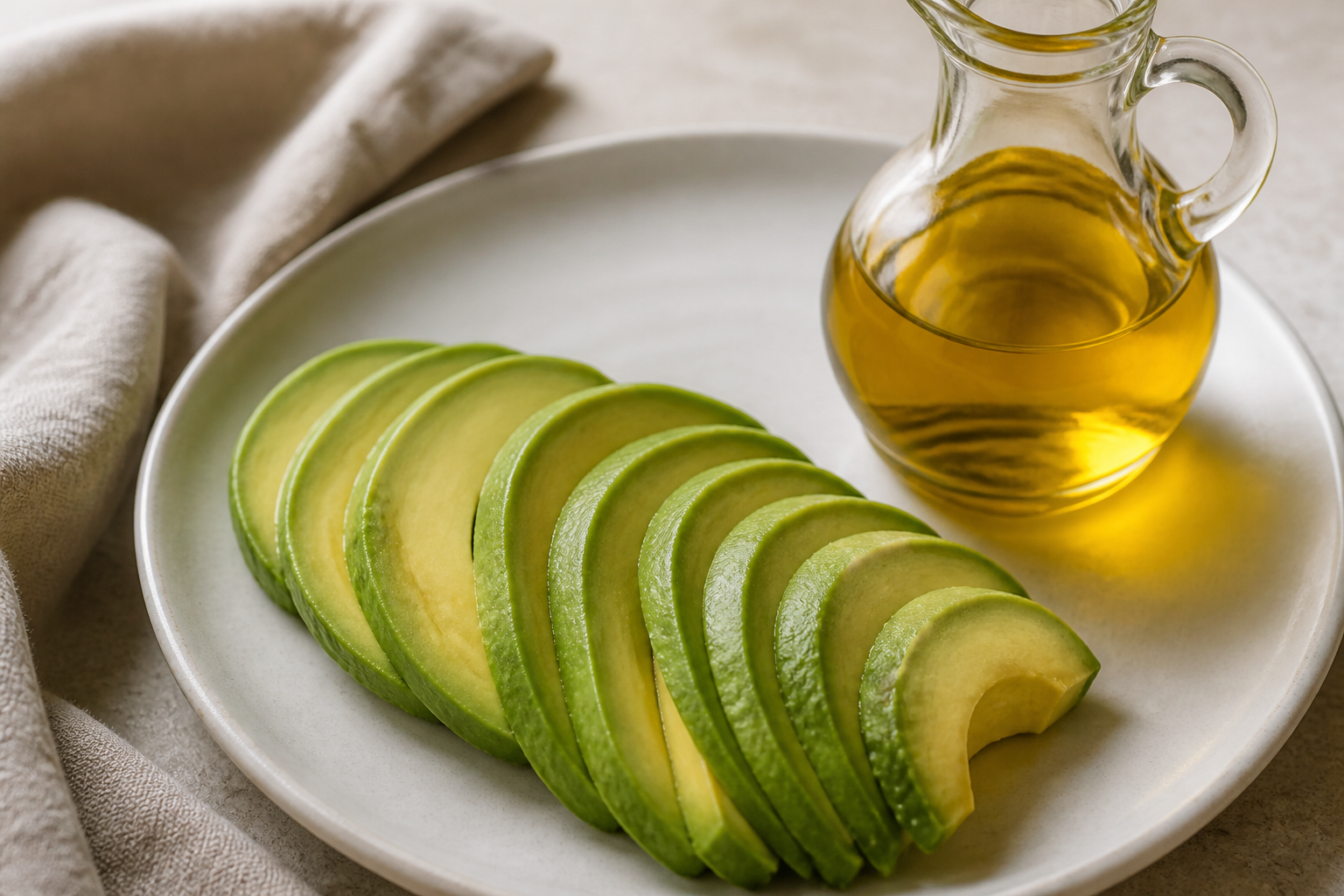Slices of ripe avocado arranged neatly next to a small glass pourer of golden olive oil, soft studio lighting, professional food styling.