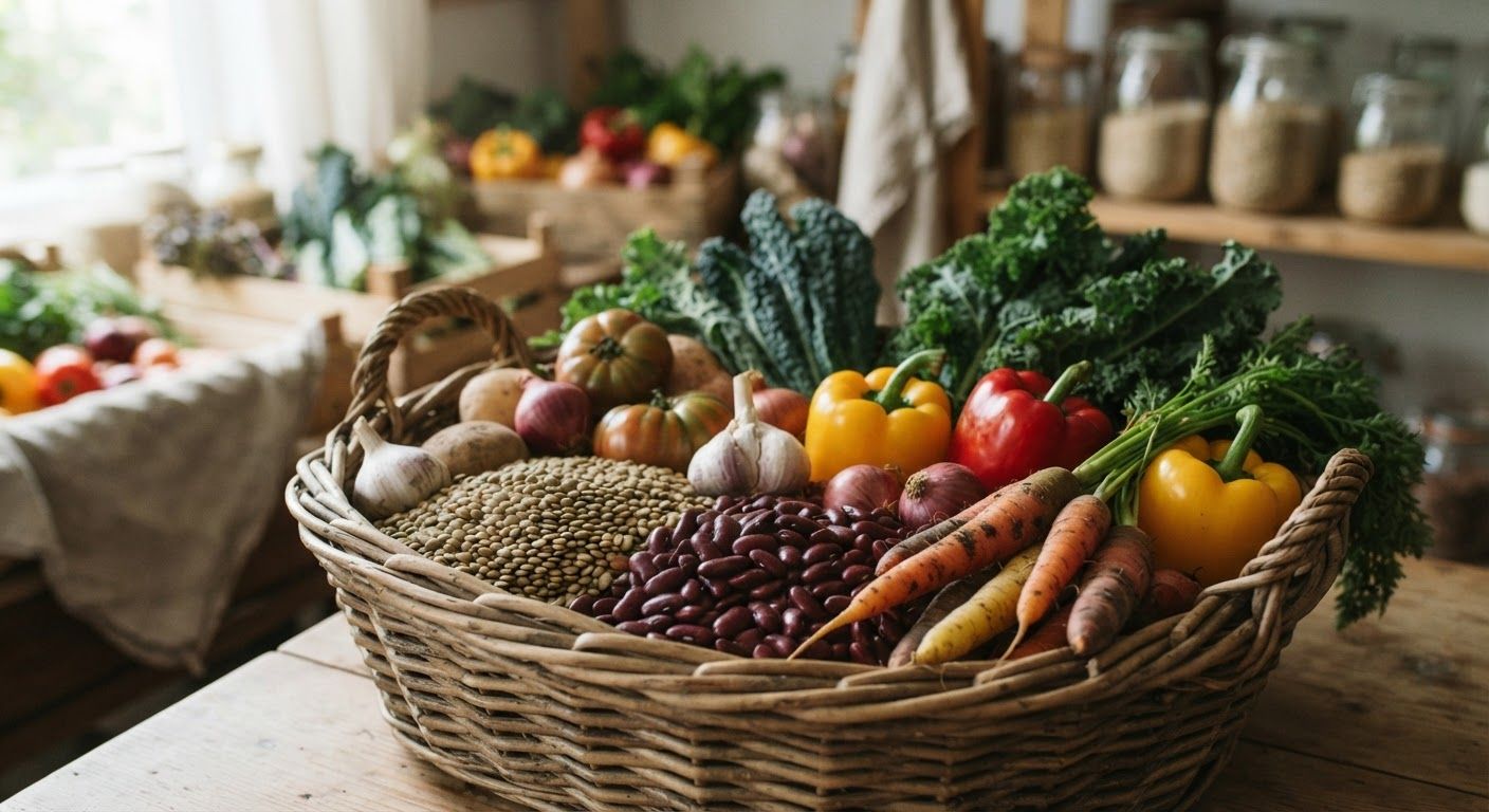 Bountiful harvest of fresh raw green lentils, kidney beans, and colorful garden vegetables displayed in a rustic wooden basket, soft morning lighting.