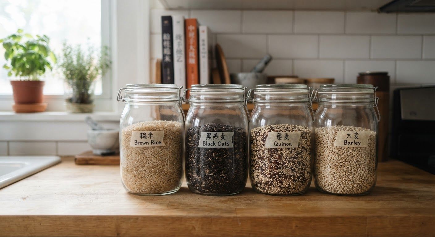 Row of glass kitchen jars filled with raw whole grains including brown rice, black oats, quinoa, and barley, clean kitchen counter, soft depth of field.