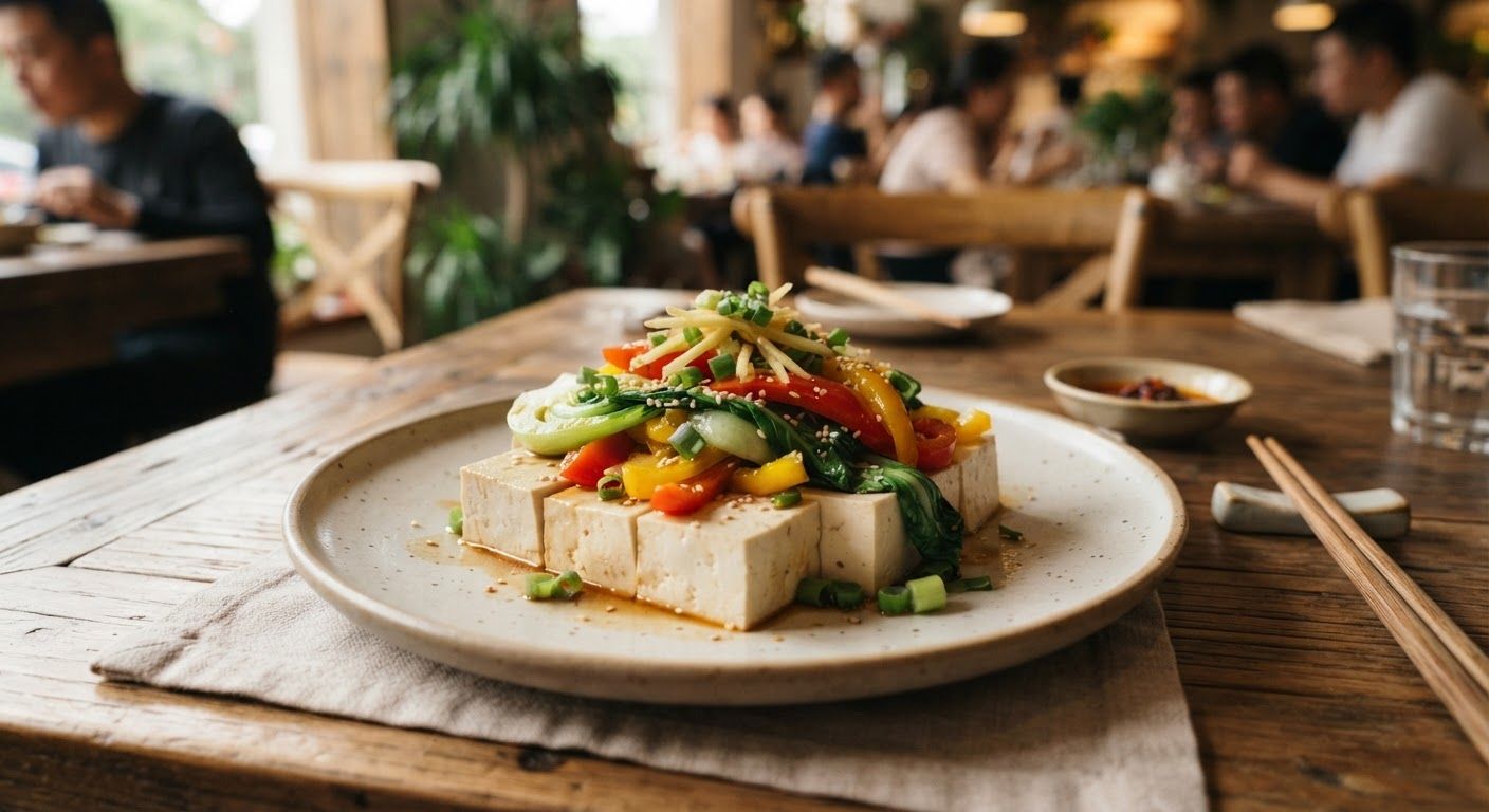 A beautifully plated dish of steamed firm tofu topped with fresh ginger, bok choy, and colorful bell peppers, minimalist ceramic dish, warm restaurant lighting.